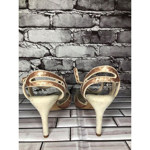 La Fenice Venezia Rose Pink Sequin Beige Suede Open Toe Heels Women Sz 10M US/41 - Picture 5 of 16